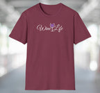 Heather maroon red t-shirt with wine life written in swirly script letters, and a glass of purple wine