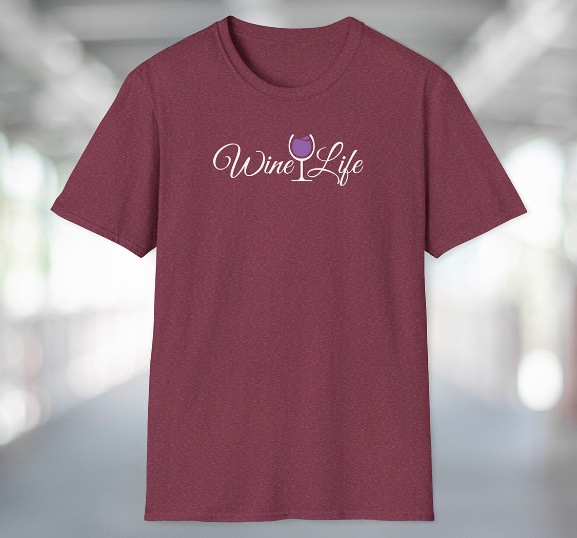Heather maroon red t-shirt with wine life written in swirly script letters, and a glass of purple wine