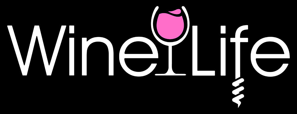 Wine life logo with a pink rose' wine glass and corkscrew