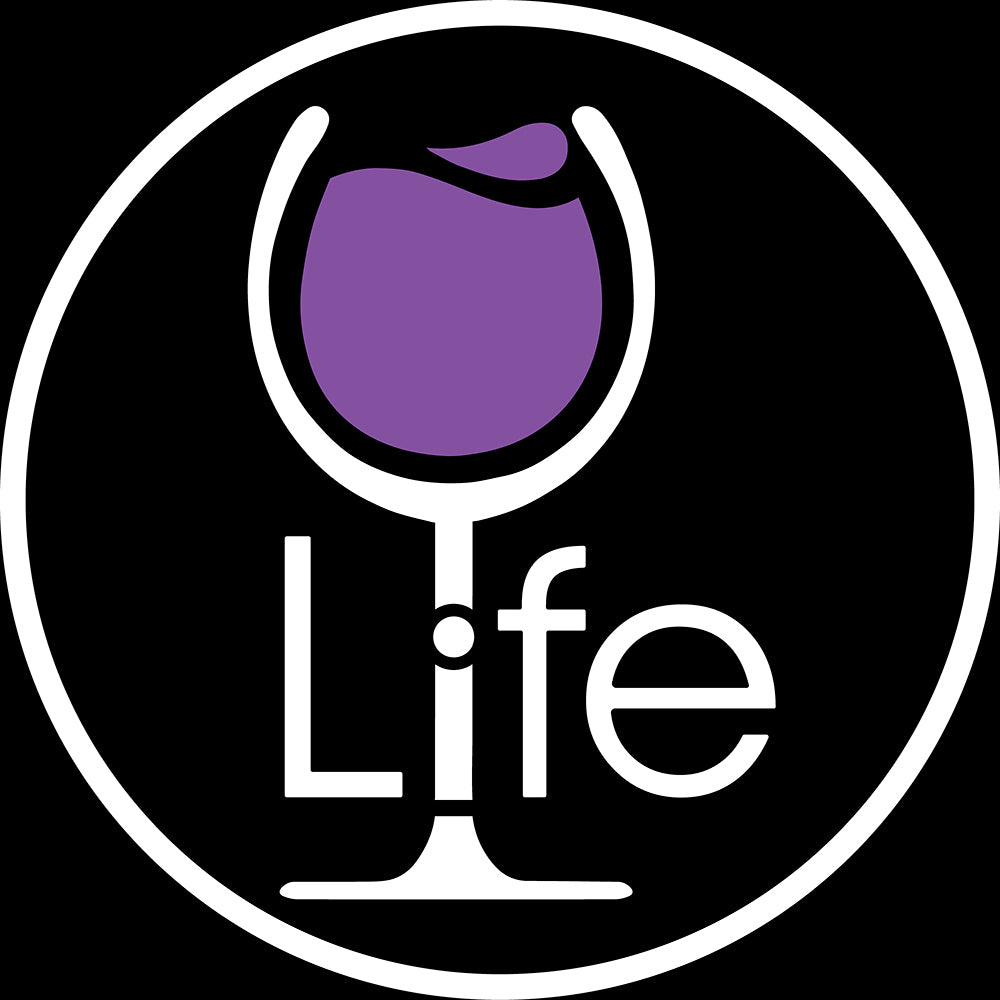Wine Life round logo, with purple wine and the i is the stem of the wine glass