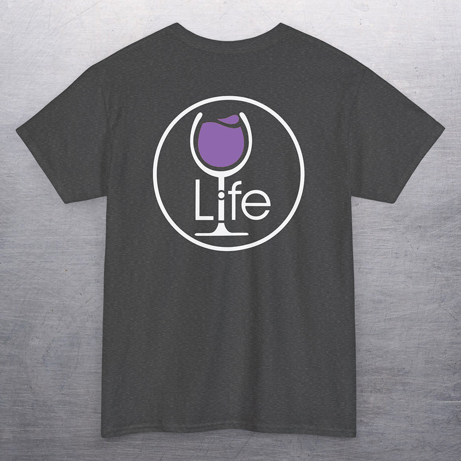 Heather charcoal gray t-shirt with large Wine Life round logo, with purple wine glass