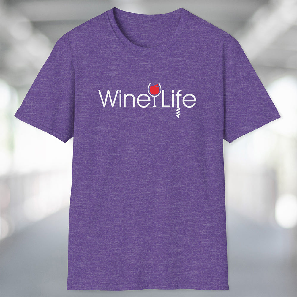 Heather purple t-shirt with Wine Life logo on front, with red wine glass and corkscrew