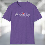 Heather purple t-shirt with Wine Life logo on front, with red wine glass and corkscrew