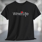 Black t-shirt with Wine Life logo on front, with red wine glass and corkscrew