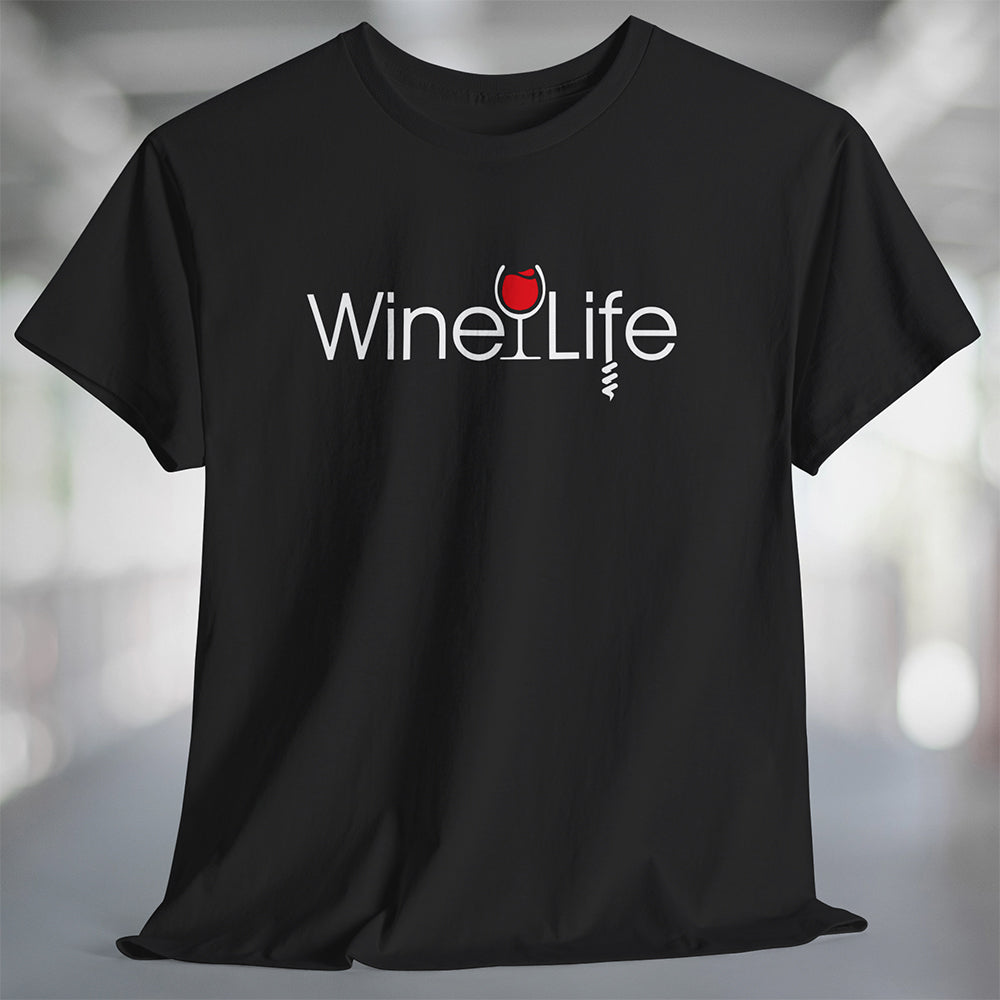 Black t-shirt with Wine Life logo on front, with red wine glass and corkscrew