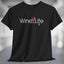 Black t-shirt with Wine Life logo on front, with red wine glass and corkscrew