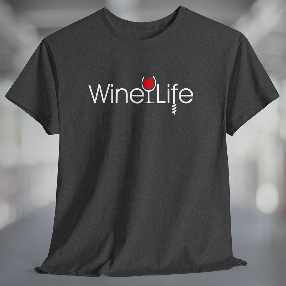 Heather charcoal gray t-shirt with Wine Life logo on front, with red wine glass and corkscrew