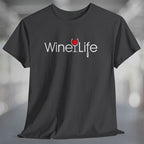 Heather charcoal gray t-shirt with Wine Life logo on front, with red wine glass and corkscrew