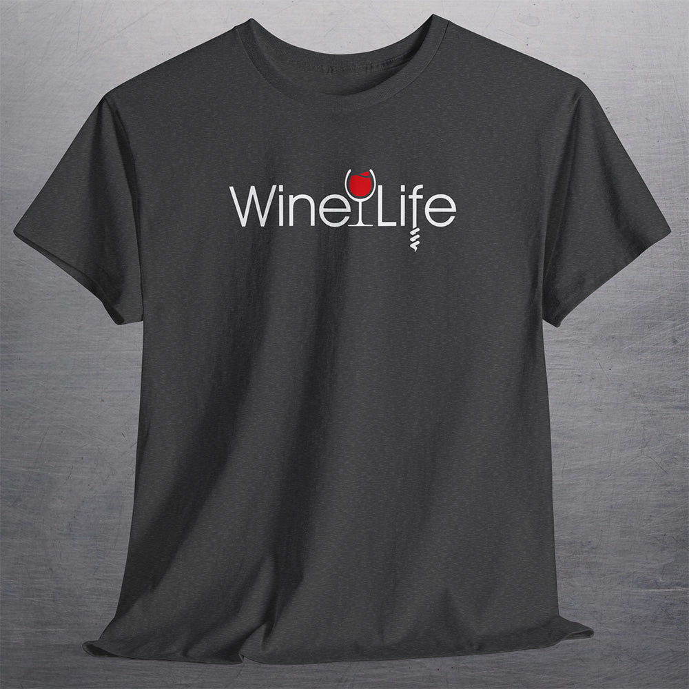 Heather charcoal gray t-shirt with Wine Life logo on front, with red wine glass and corkscrew