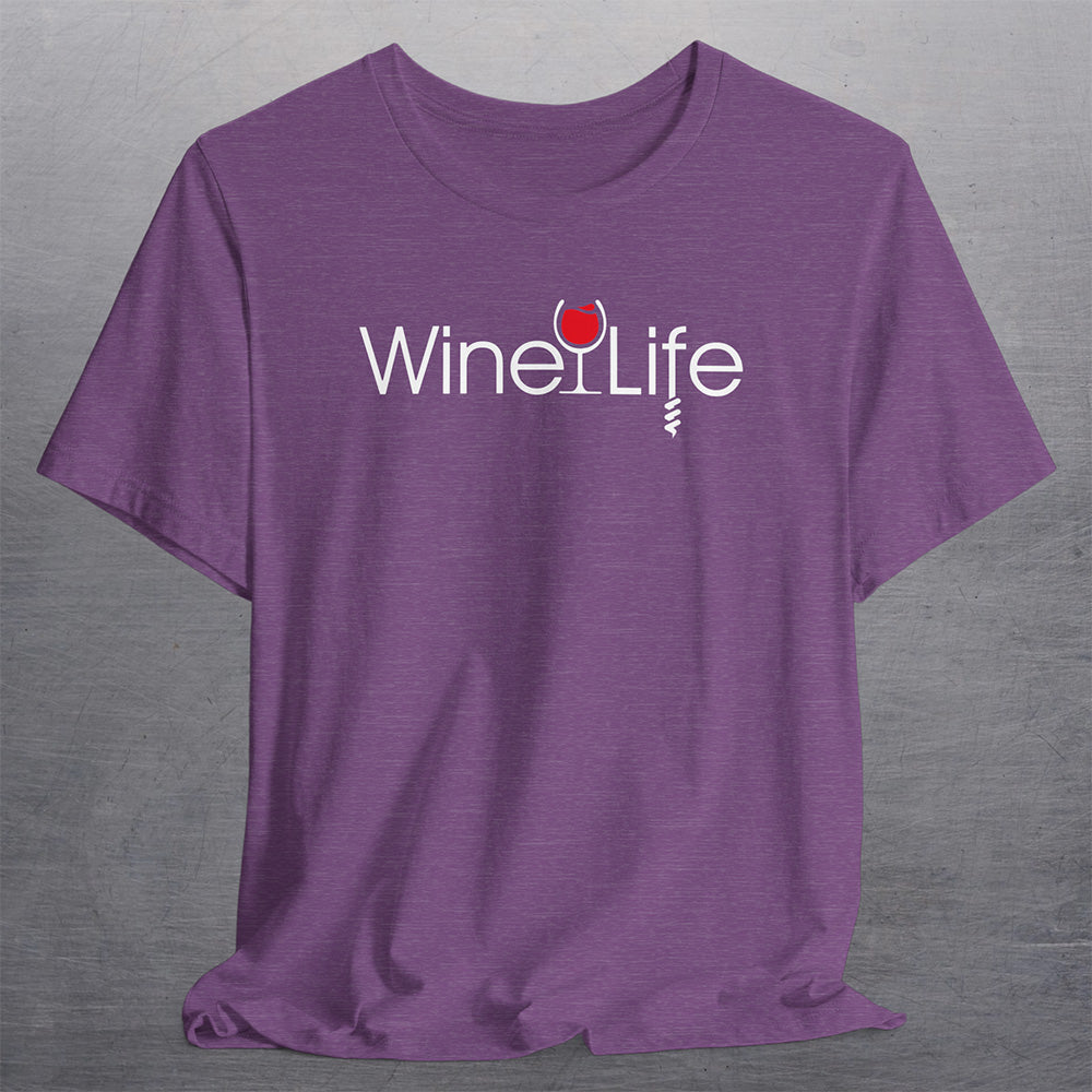 Heather purple t-shirt with Wine Life logo on front, with red wine glass and corkscrew