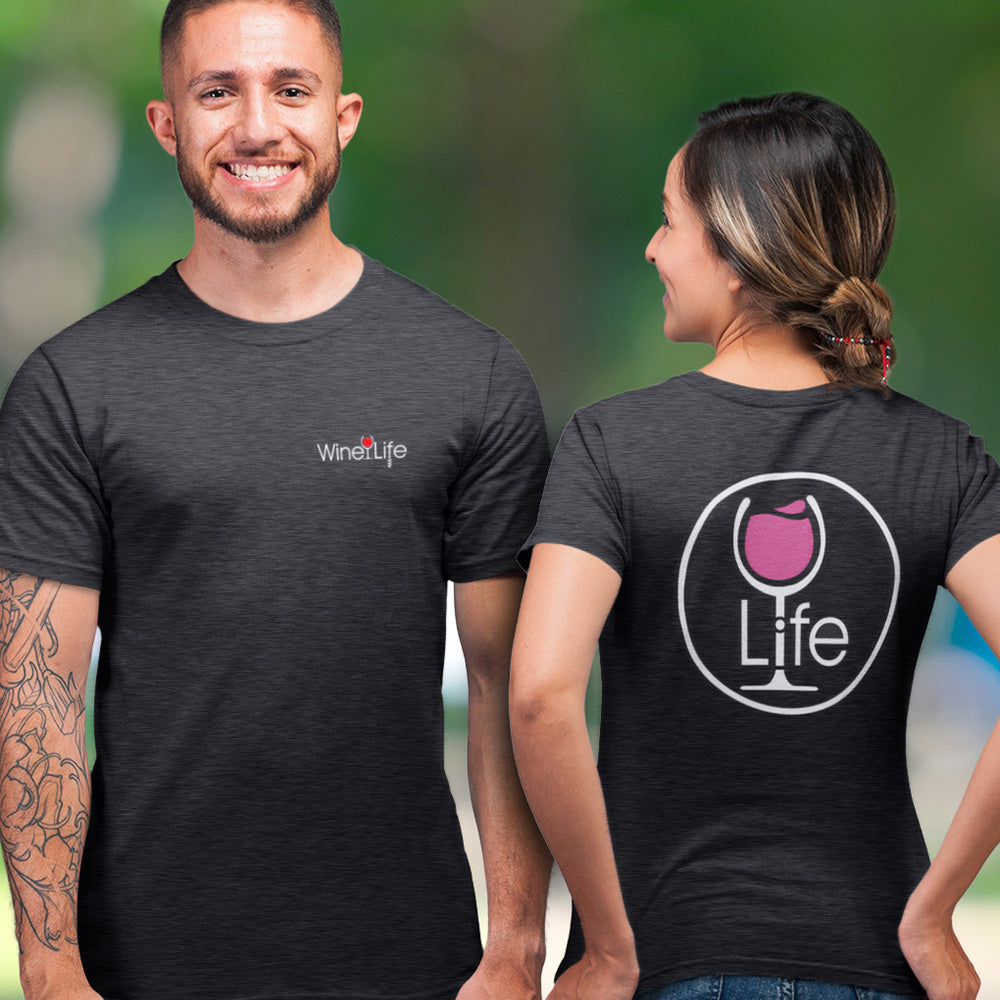 Round Pink Wine LIFE Logo T-Shirt featuring a wine glass logo on the back and Wine Life logo on the front. Main image