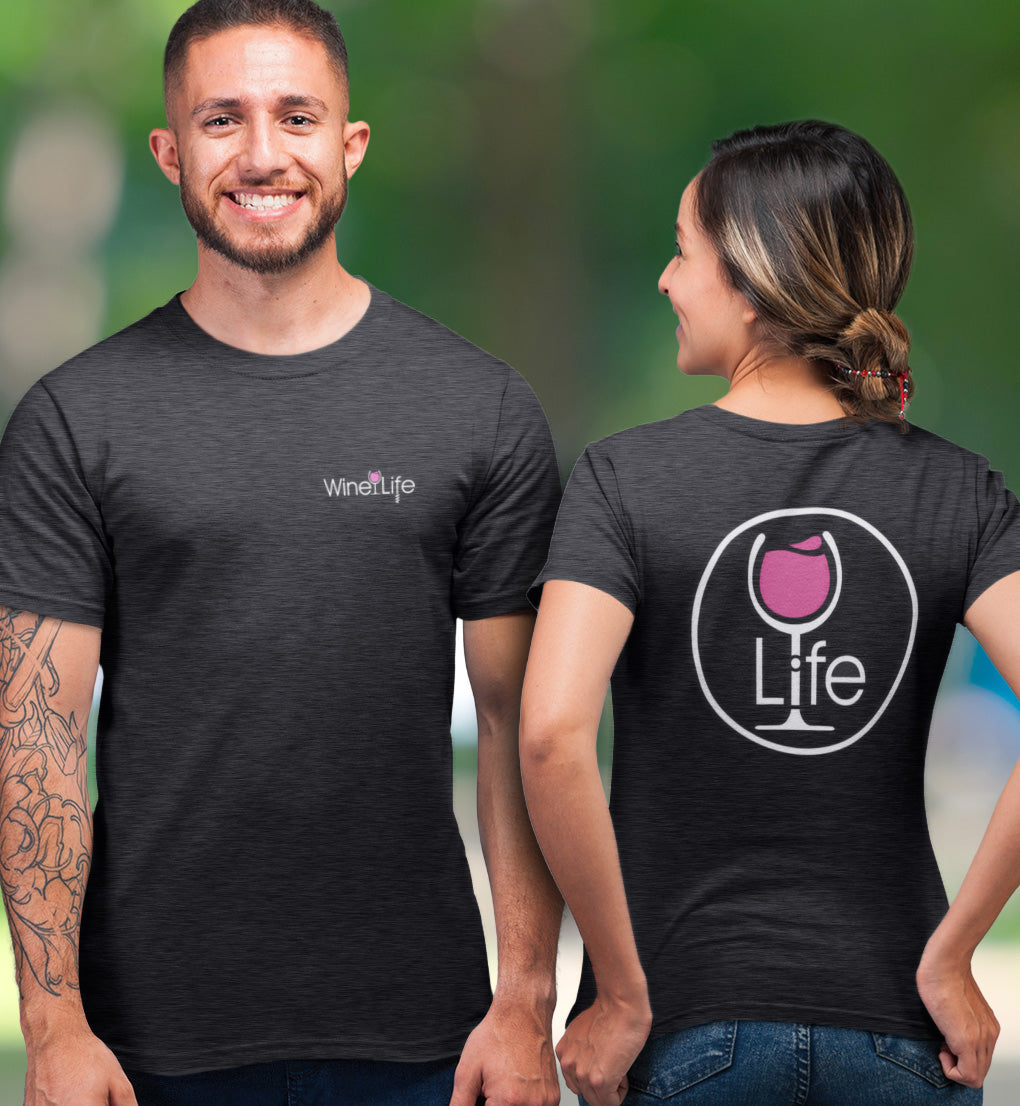 Smiling man and woman wearing wine life t-shirts, back has large round pink rose' wine glass logo and front small logo on chest