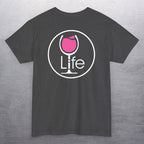 Heather charcoal gray t-shirt with large Wine Life round logo, with pink rose' wine glass