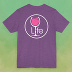 Heather purple t-shirt with large Wine Life round logo, with pink rose' wine glass