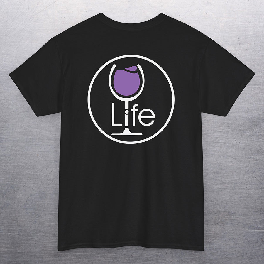 Black t-shirt with large Wine Life round logo, with purple wine glass