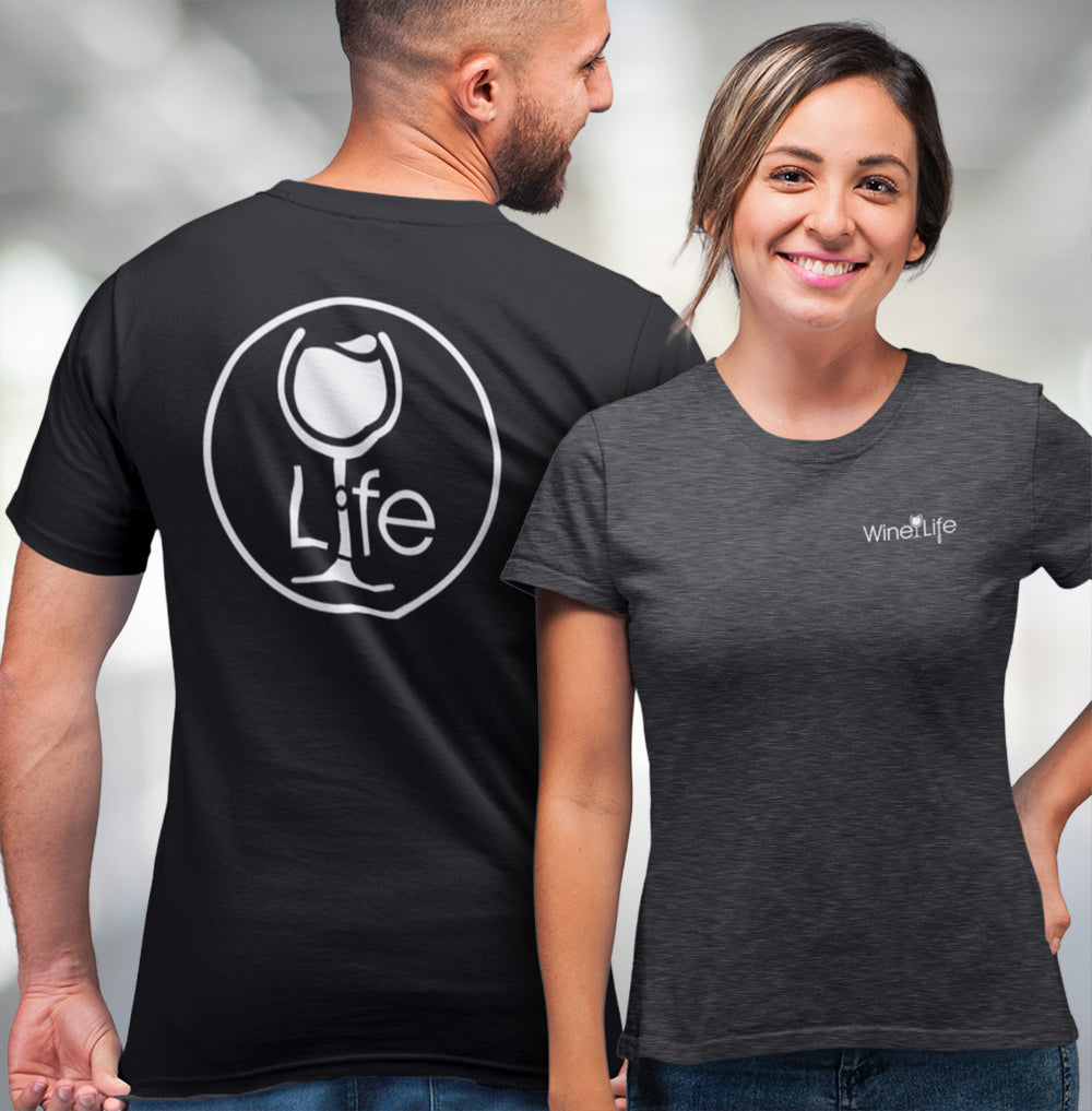 Young couple wearing wine life t-shirts, with round Wine Life logo on back, small logo on front breast with white wine glass.
