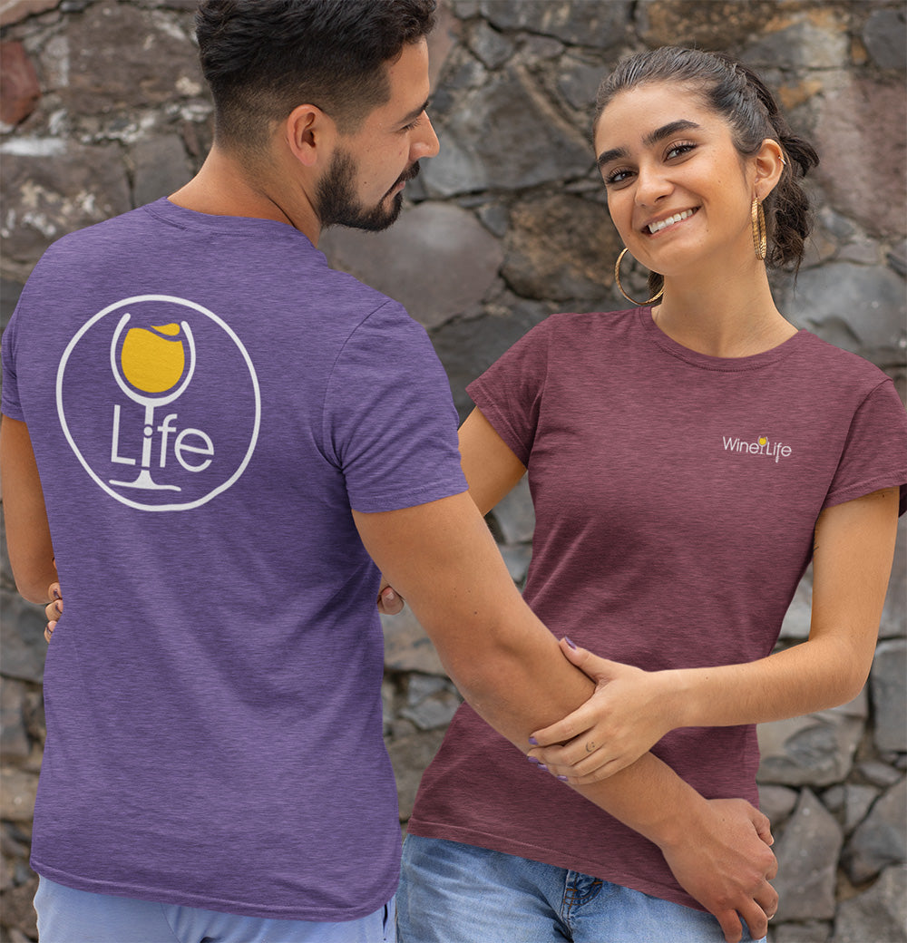 Happy couple wearing wine life t-shirts, with round life logo with yellow wine glass on back, small logo on front