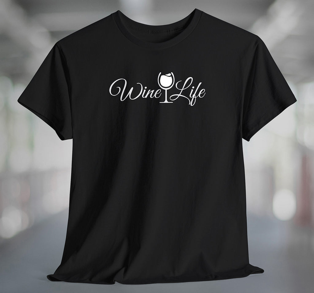 Black t-shirt with wine life written in swirly script letters, and a glass of white wine