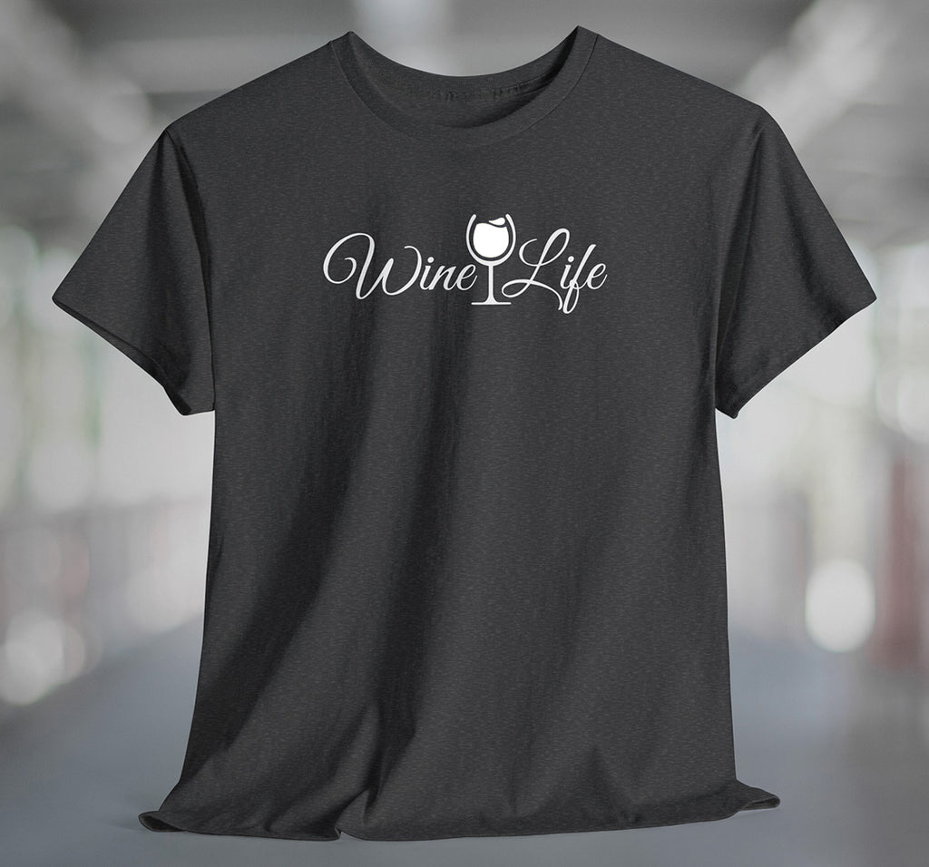 Heather charcoal t-shirt with wine life written in swirly script letters, and a glass of white wine