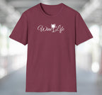 Heather maroon red t-shirt with wine life written in swirly script letters, and a glass of white wine