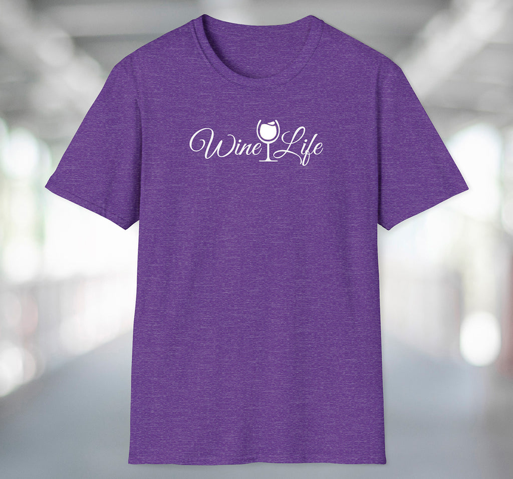 Heather purple t-shirt with wine life written in swirly script letters, and a glass of white wine