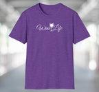 Heather purple t-shirt with wine life written in swirly script letters, and a glass of white wine