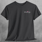 Heather charcoal gray t-shirt with small wine life logo of pink rose' wine glass and corkscrew on chest