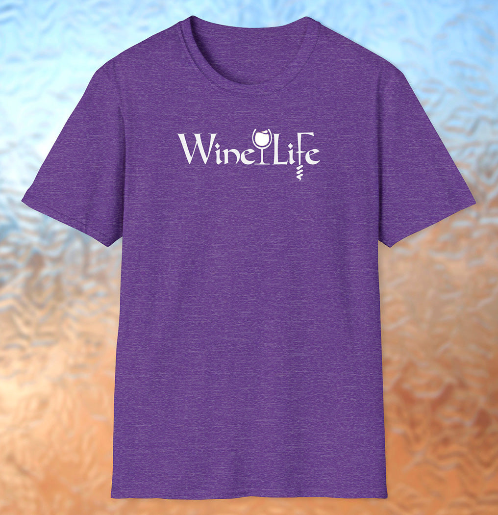 Heather purple t-shirt with Wine Life text written in jagged edge calligraphy letters, with a glass of white wine and a corkscrew