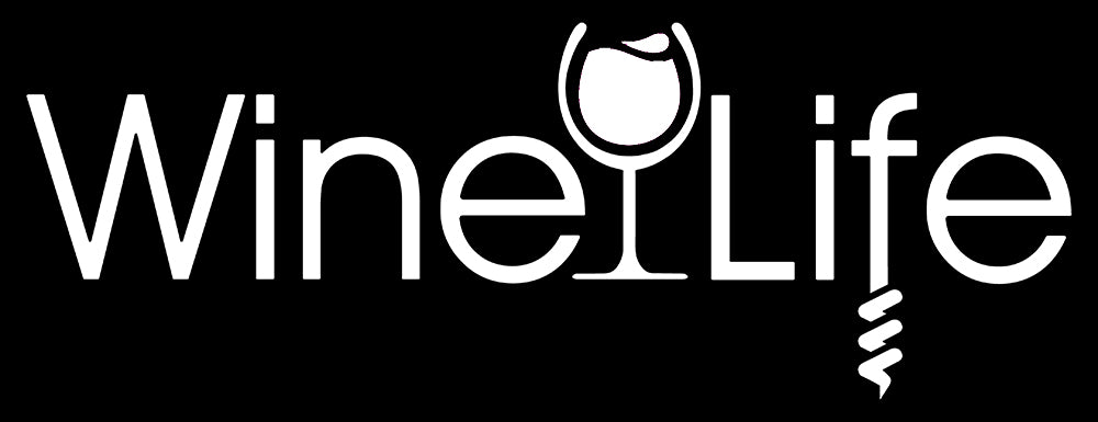 Wine life logo with white wine glass and corkscrew