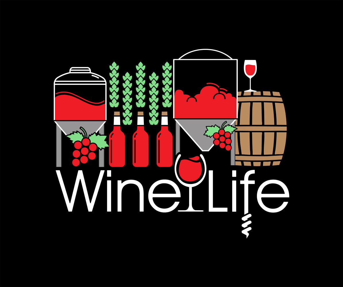 Logo for 'Wine Life' with winery related graphics on a black background