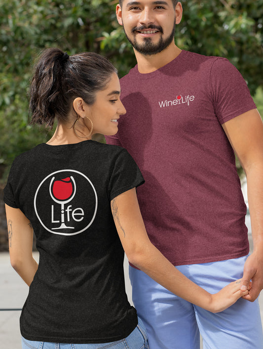 Young couple wearing wine life t-shirts, back has round wine life logo with red wine glass, front has red logo on breast