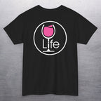Black t-shirt with large round wine life logo, with pink rose' wine glass