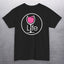 Black t-shirt with large round wine life logo, with pink rose' wine glass
