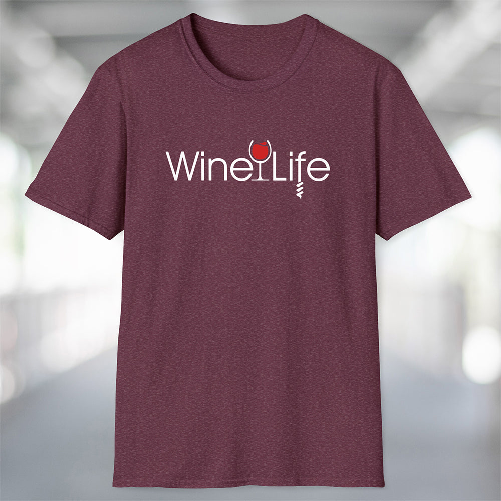 Heather maroon red t-shirt with Wine Life logo on front, with red wine glass and corkscrew