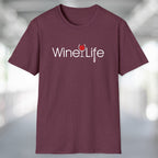 Heather maroon red t-shirt with Wine Life logo on front, with red wine glass and corkscrew
