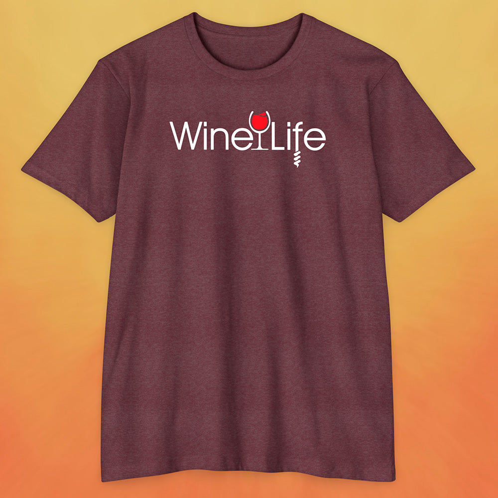 Heather maroon red t-shirt with Wine Life logo on front, with red wine glass and corkscrew