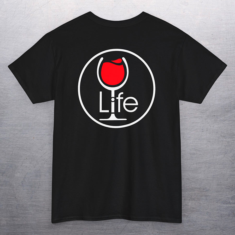 Black t-shirt with round Wine Life logo, with red wine glass.