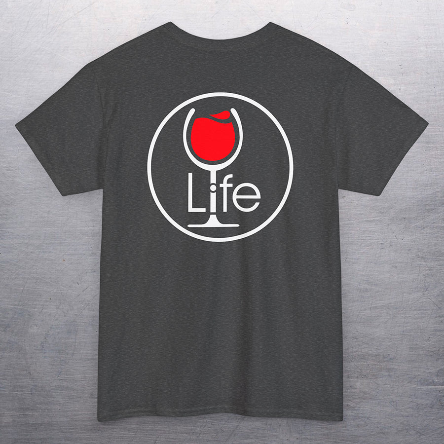 Heather charcoal gray t-shirt with round Wine Life logo, with red wine glass.