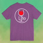 Heather purple t-shirt with round Wine Life logo, with red wine glass.