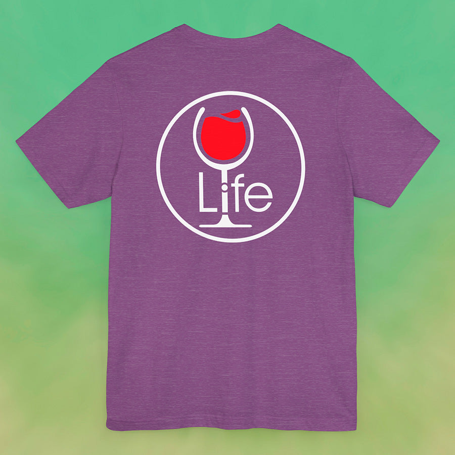 Heather purple t-shirt with round Wine Life logo, with red wine glass.