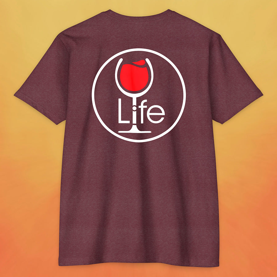 Heather maroon red t-shirt with round Wine Life logo, with red wine glass.