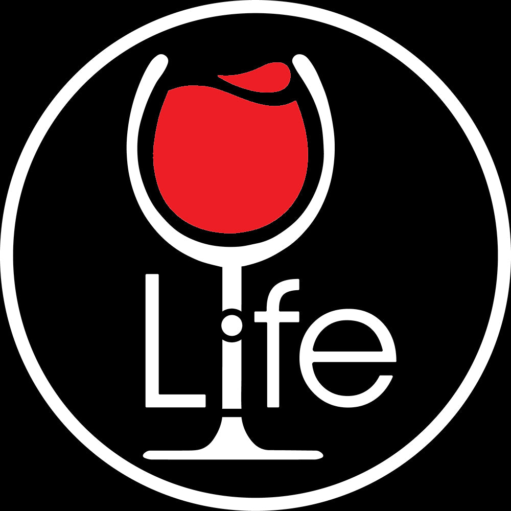 Round Wine Life logo with red wine glass, where the i in life is the wine glass stem.