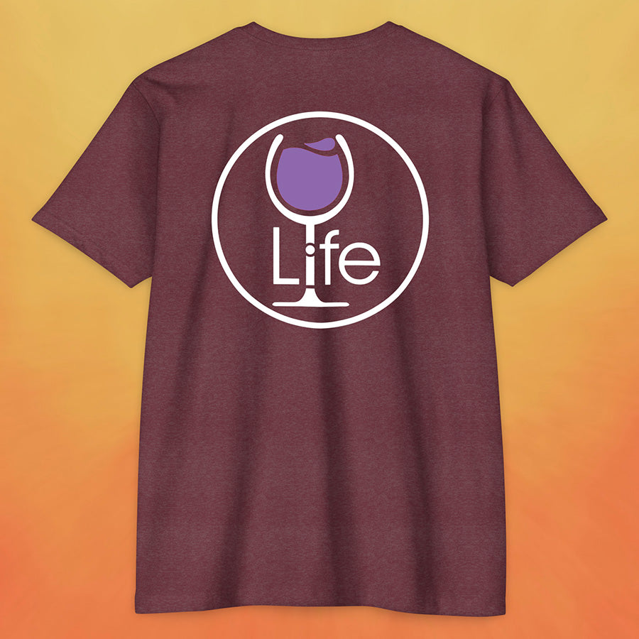 Heather maroon red t-shirt with large Wine Life round logo, with purple wine glass