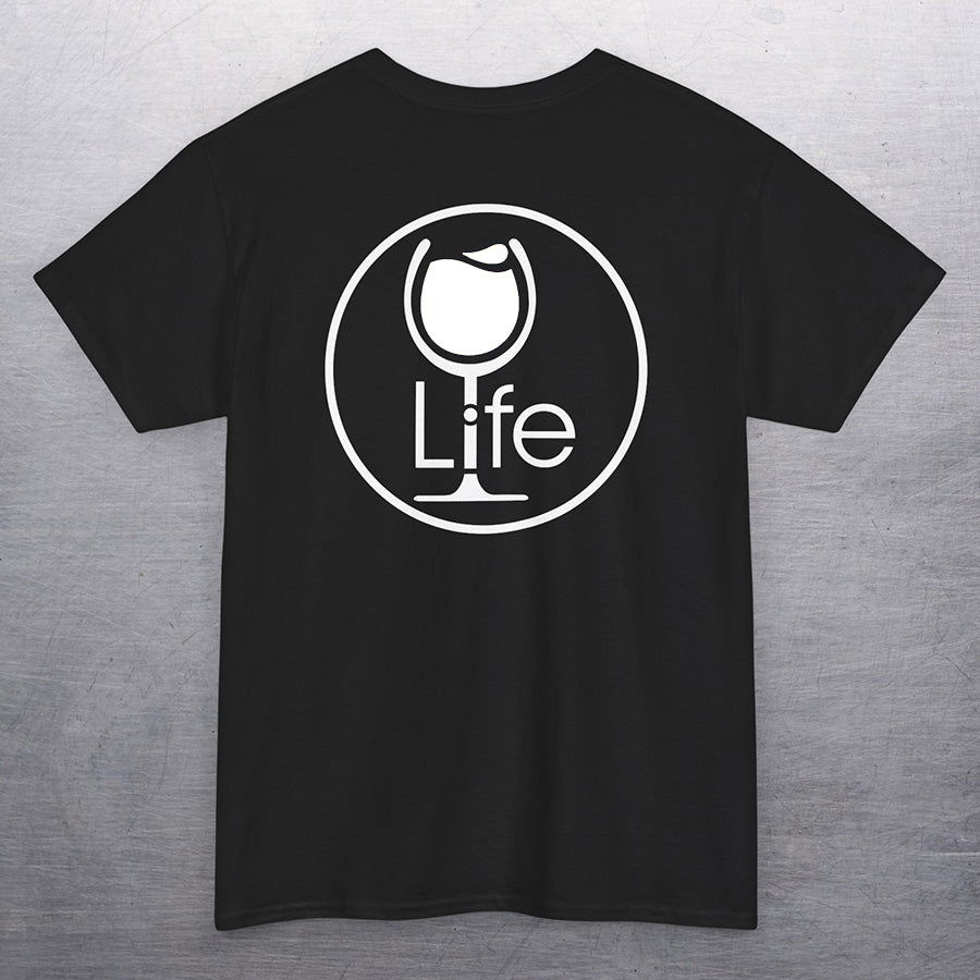 Black t-shirt with round Wine Life logo, with white wine glass.
