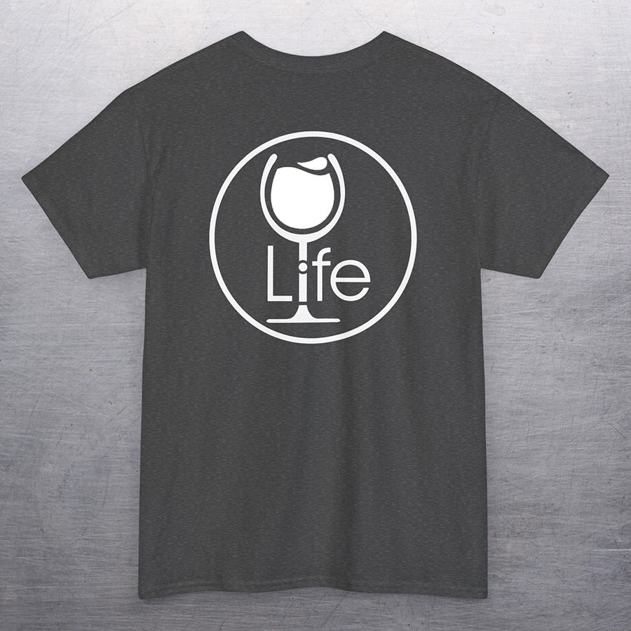 Heather charcoal gray t-shirt with round Wine Life logo, with white wine glass.