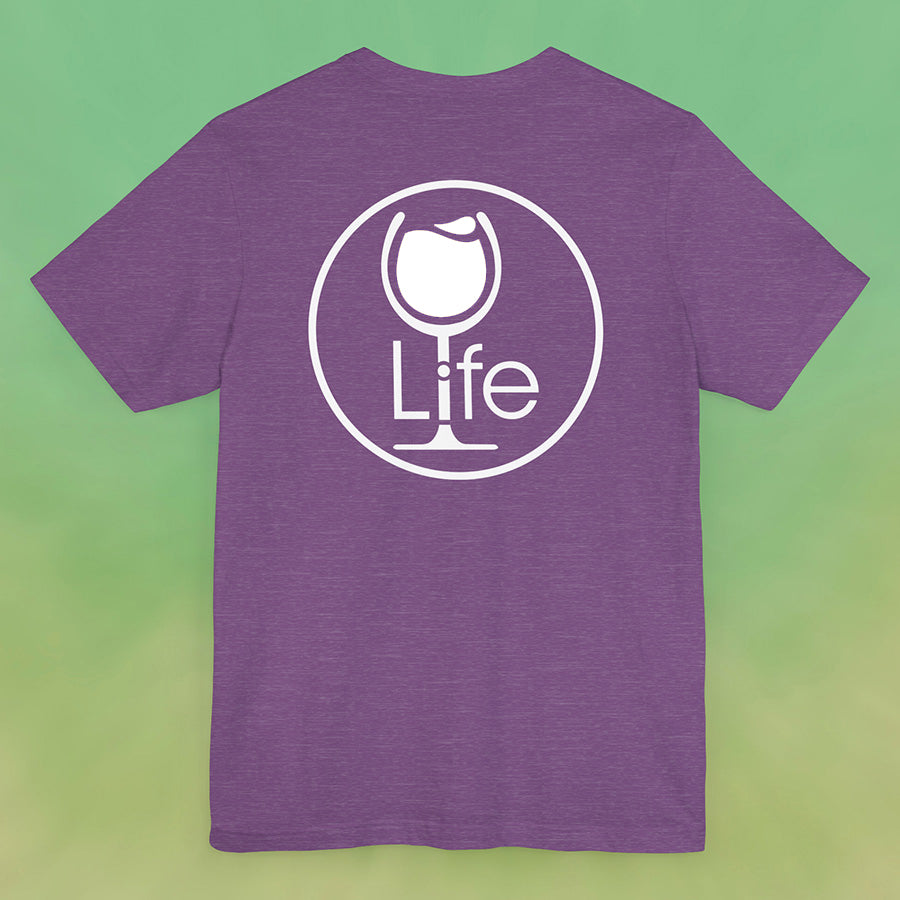 Heather purple t-shirt with round Wine Life logo, with white wine glass.