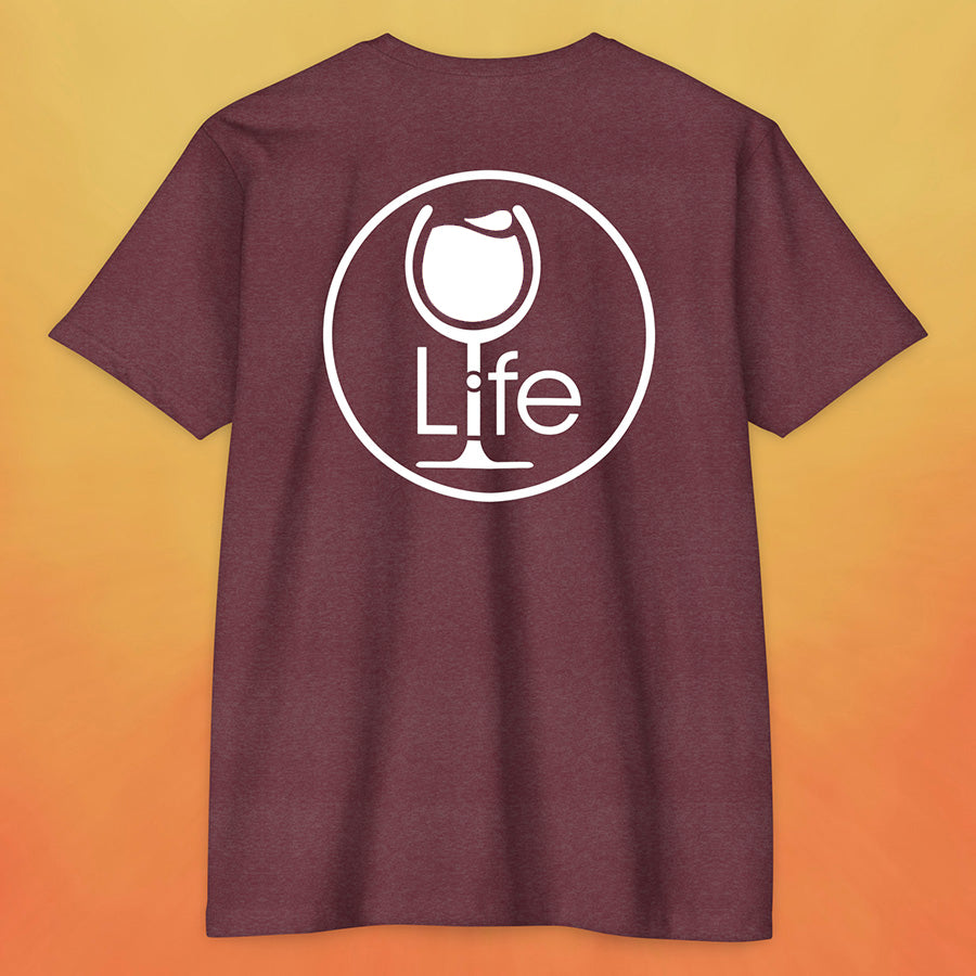 Heather maroon red t-shirt with round Wine Life logo, with white wine glass.