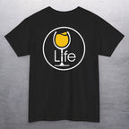 Black t-shirt with round Wine Life logo, with golden yellow white wine glass.