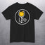Black t-shirt with round Wine Life logo, with golden yellow white wine glass.