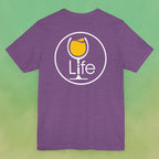 Heather purple t-shirt with round Wine Life logo, with golden yellow white wine glass.